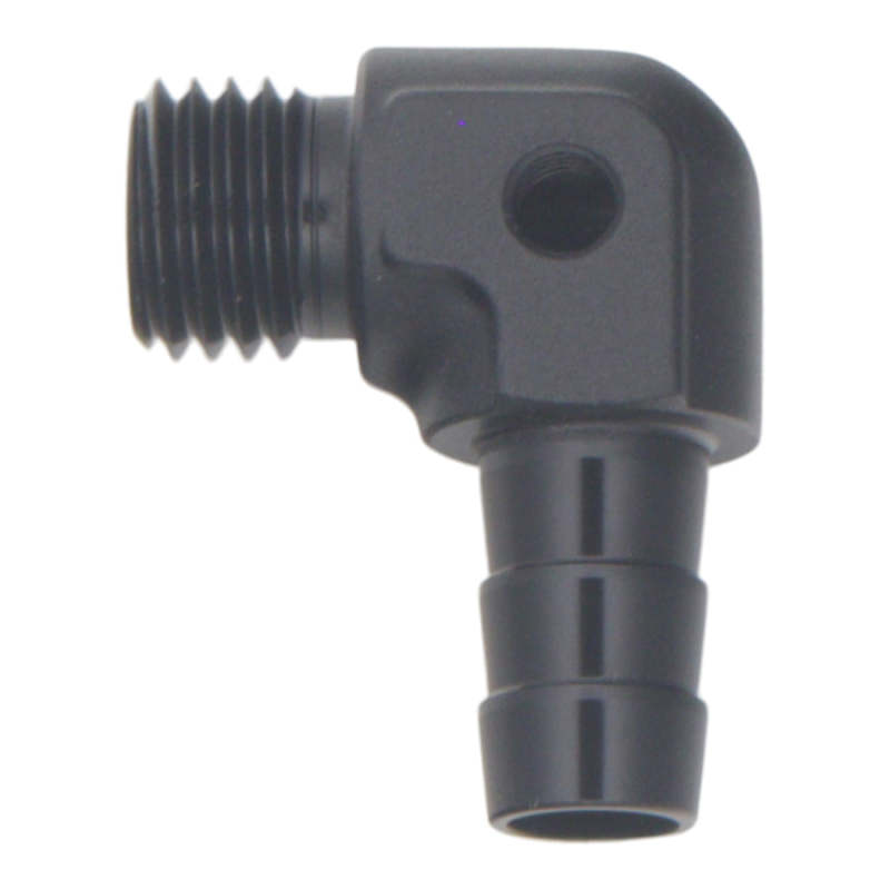 DeatschWerks Metric M12 to 3/8in Hose Barb 90-Degree Fitting w/ Venturi Port - Anodized Matte Black