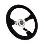 NRG Reinforced Steering Wheel (350mm / 3in. Deep) Blk Suede w/Red BBall Stitch & Chrome 3-Spoke