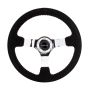 NRG Reinforced Steering Wheel (350mm / 3in. Deep) Blk Suede w/Red BBall Stitch & Chrome 3-Spoke