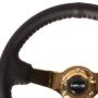NRG RST-036CG Reinforced Steering Wheel (3in Deep / 4mm) 350mm Blk Leather w/Red BBall Stitch & Gold Spoke