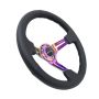 NRG Reinforced Steering Wheel (350mm / 3in. Deep) Blk Leather/Blk Stitch w/Neochrome Slits