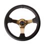 NRG Reinforced Steering Wheel (350mm / 3in. Deep) Blk Leather/Red BBall Stitch w/4mm Gold Spokes