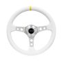 NRG Reinforced Steering Wheel (350mm / 3in. Deep) Wht Leather w/Silver Spoke & Single Yellow Mark