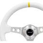 NRG Reinforced Steering Wheel (350mm / 3in. Deep) Wht Leather w/Silver Spoke & Single Yellow Mark