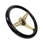 NRG Classic Wood Grain Steering Wheel (350mm) Black Grip w/Chrome Gold 3-Spoke Center