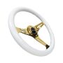 NRG Classic Wood Grain Steering Wheel (350mm) White Grip w/Chrome Gold 3-Spoke Center