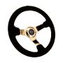 NRG Reinforced Steering Wheel (350mm / 3in. Deep) Blk Suede w/Red BBall Stitch & Chrome Gold 3-Spoke