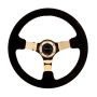 NRG Reinforced Steering Wheel (350mm / 3in. Deep) Blk Suede w/Red BBall Stitch & Chrome Gold 3-Spoke