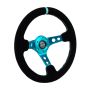 NRG RST-006S-TL Reinforced Steering Wheel (350mm/ 3in. Deep) Black Suede/ Teal Center Mark/ Teal Stitching