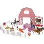 New Ray Toys SS-05786 Valley Ranch Set with Pink Barn, Horses, Cowgirls and Fences/ Scale 1:32