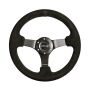 NRG Reinforced Steering Wheel (330mm / 3in Deep) Blk Suede w/Criss Cross Stitch w/Blk 3-Spoke Center