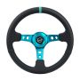 NRG RST-006TL Reinforce Steering Wheel (350mm / 3in. Deep) Blk Leather, Teal Center Mark w/ Teal Stitching