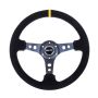 NRG Reinforced Steering Wheel (350mm / 3in. Deep) Blk Suede w/Circle Cut Spokes & Single Yellow CM