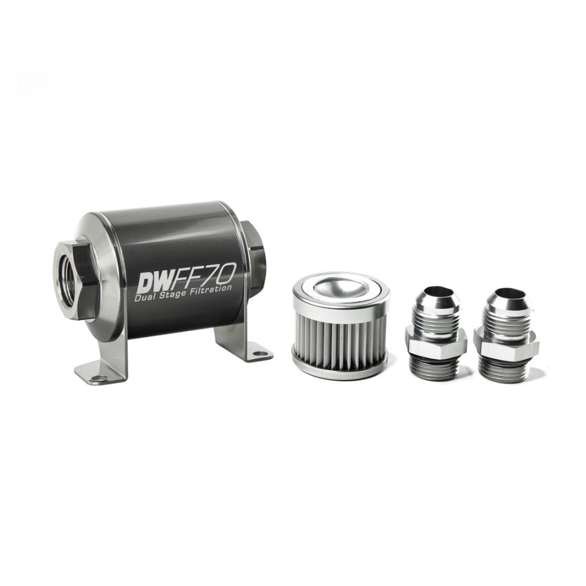 DeatschWerks Stainless Steel 10AN 10 Micron Universal Inline Fuel Filter Housing Kit (70mm)