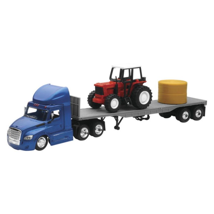 New Ray Toys 16083 Freightliner Cascadia Flatbed with Farm Tractor and Round Hay Bale/ Scale - 1:43