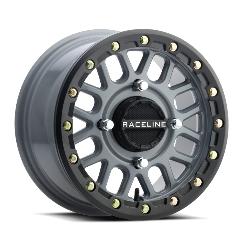 Raceline A93SG Podium 14x7in/4x137 BP/10mm Offset/110.18mm Bore - Grey & Black Ring Beadlock Wheel