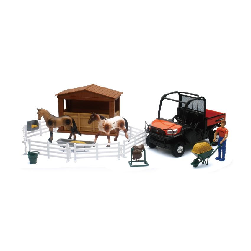 New Ray Toys SS-33343 Kubota RTV-X1120D Playset with Figurine, Barn and Horses/ Scale - 1:18