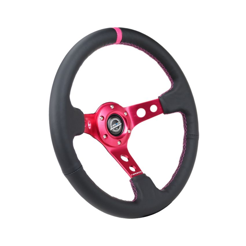 NRG RST-006FH Reinforced Steering Wheel (350mm/3in. Deep) Black Leather/ Fushia Center Mark/ Fushia Stitching