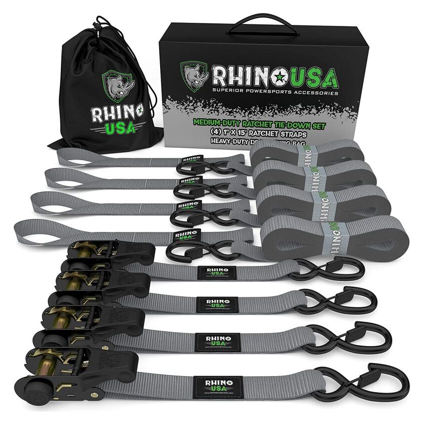 Rhino USA RCHT-4PACK-GRY Medium Duty Ratchet Strap Tie-Down 4-Pack (Gray)