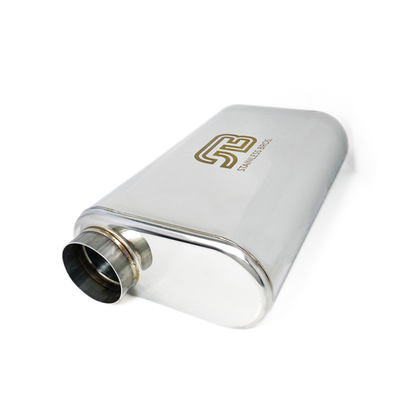 Stainless Bros 616-07623-0230 17in Overall Length 3in Thin Oval SS304 Muffler - 3in Offset In/Offset Out