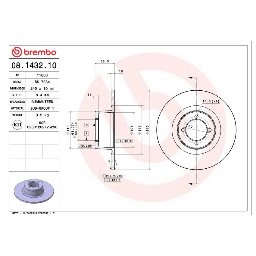 Brembo 08.1432.10 Brembo Solid Standard Rotor