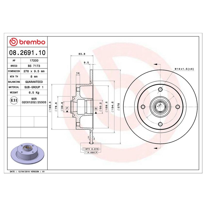Brembo 08.2691.10 Brembo Solid Standard Rotor