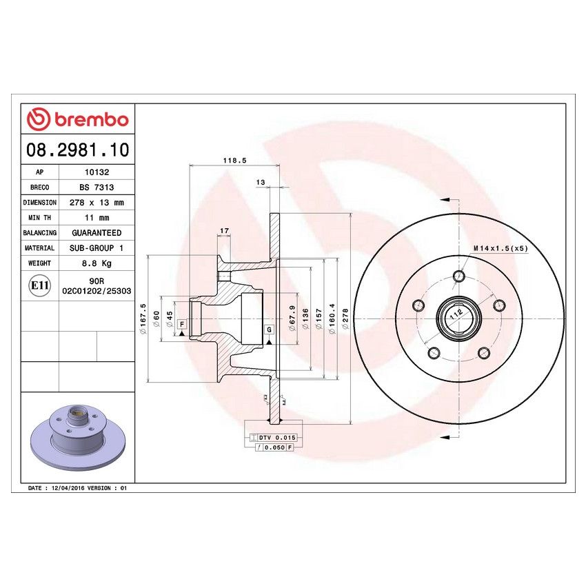 Brembo 08.2981.10 Brembo Solid Standard Rotor