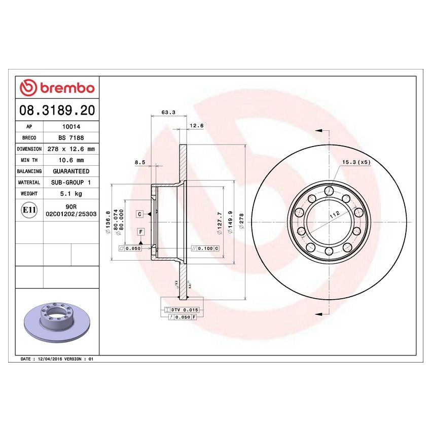 Brembo 08.3189.20 Brembo Solid Standard Rotor