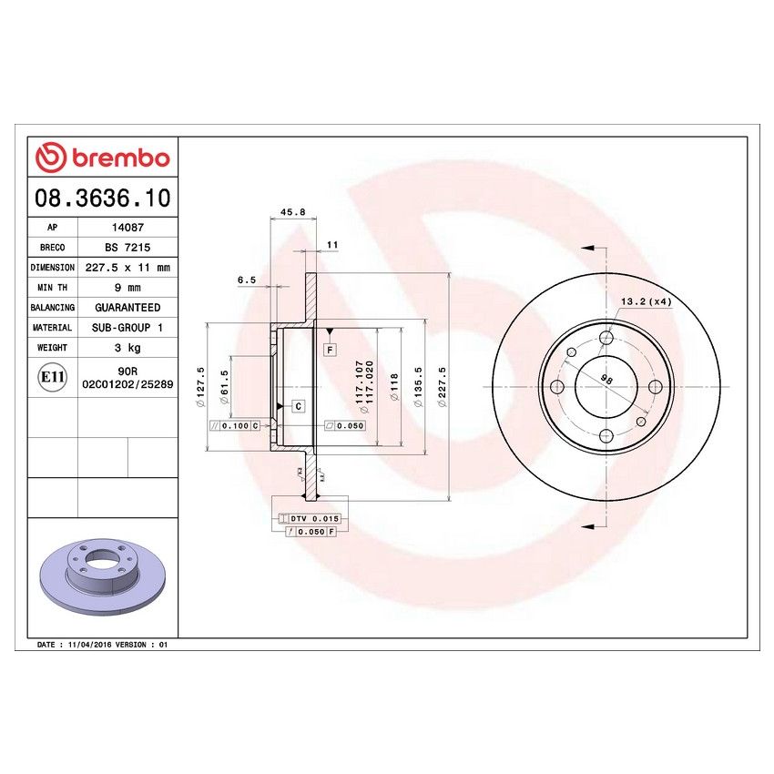 Brembo 08.3636.10 Brembo Solid Standard Rotor