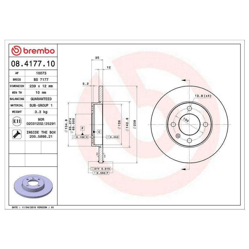 Brembo 08.4177.10 Brembo Solid Standard Rotor