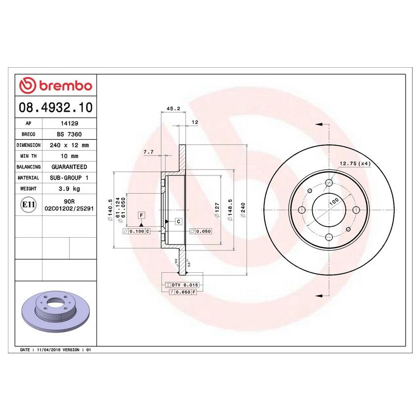 Brembo 08.4932.10 Brembo Solid Standard Rotor