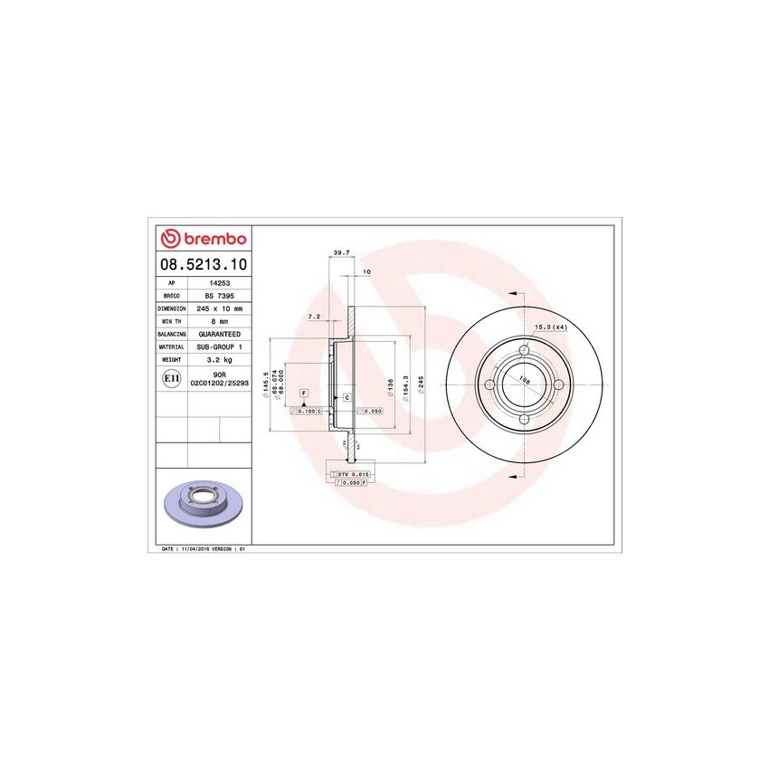 Brembo 08.5213.10 Brembo Solid Standard Rotor