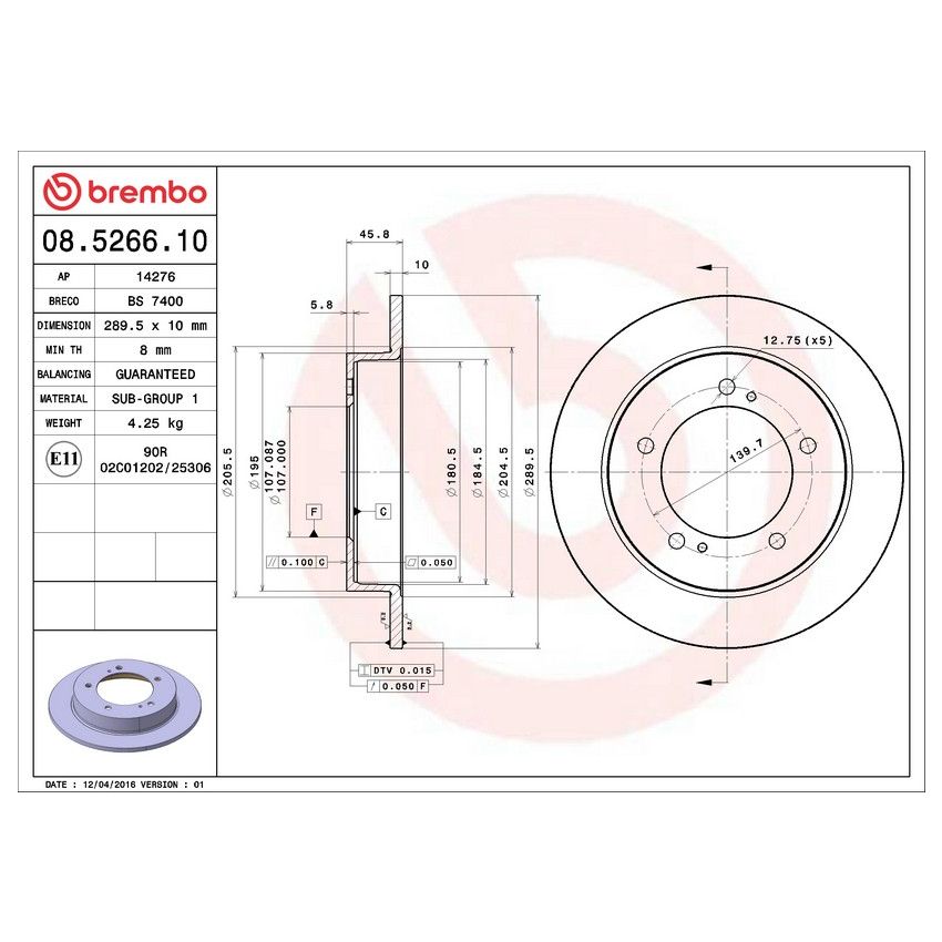 Brembo 08.5266.10 Brembo Solid Standard Rotor