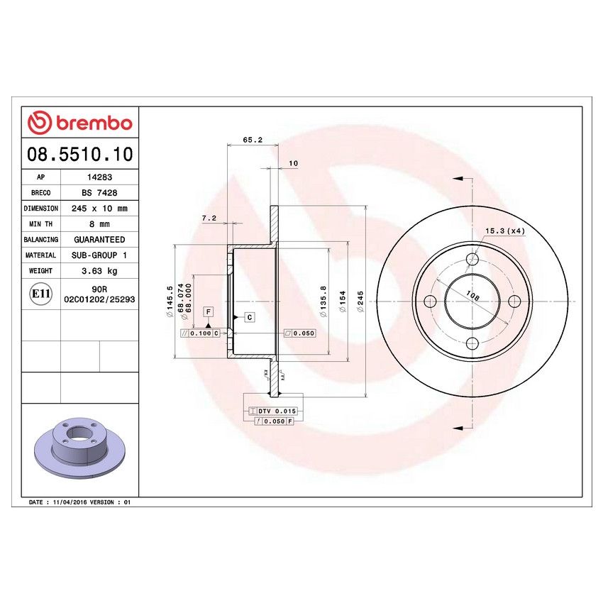 Brembo 08.5510.10 Brembo Solid Standard Rotor