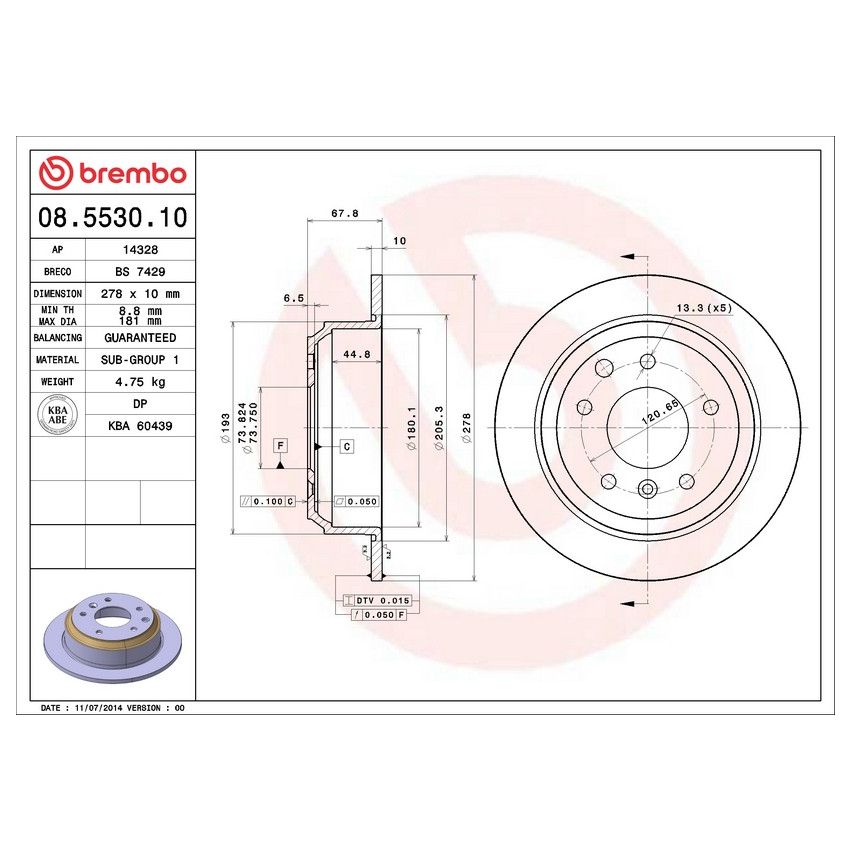 Brembo 08.5530.10 Brembo Solid Standard Rotor