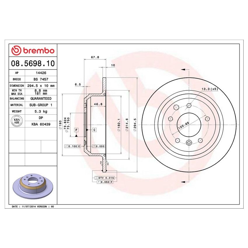 Brembo 08.5698.10 Brembo Solid Standard Rotor
