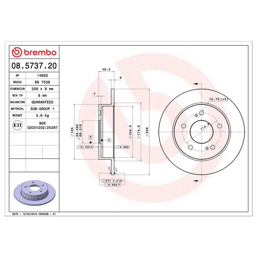Brembo 08.5737.20 Brembo Solid Standard Rotor