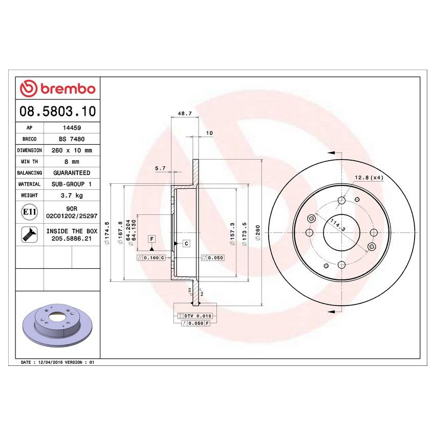 Brembo 08.5803.10 Brembo Solid Standard Rotor