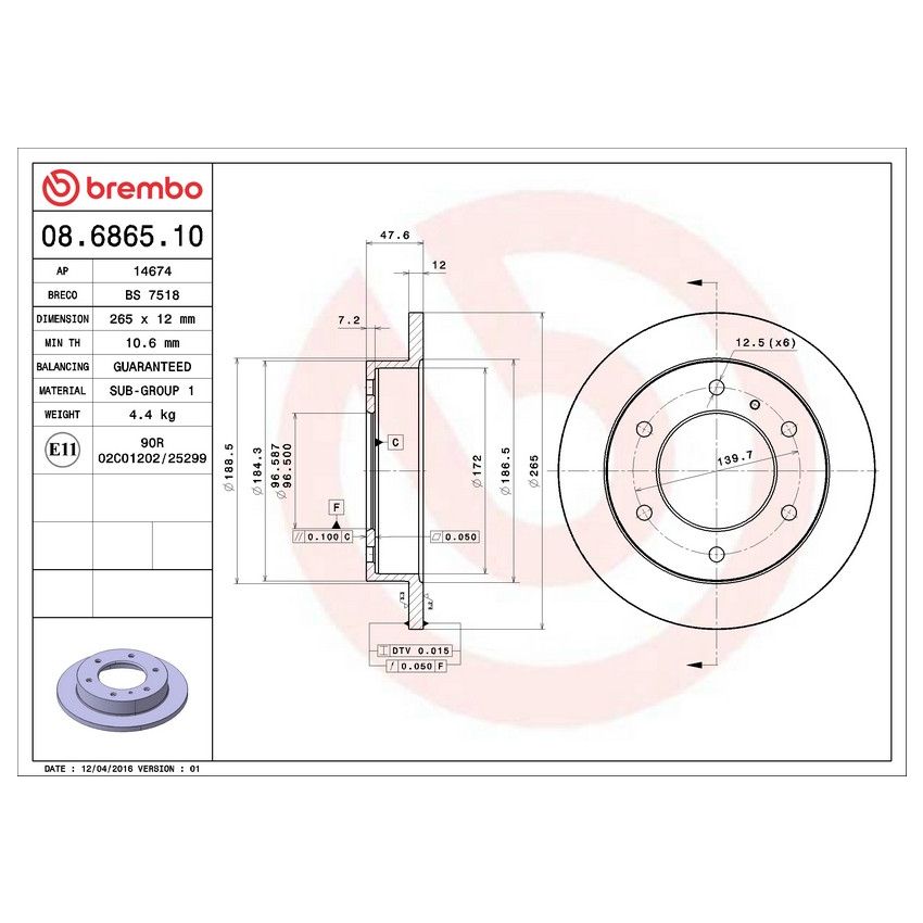 Brembo 08.6865.10 Brembo Solid Standard Rotor