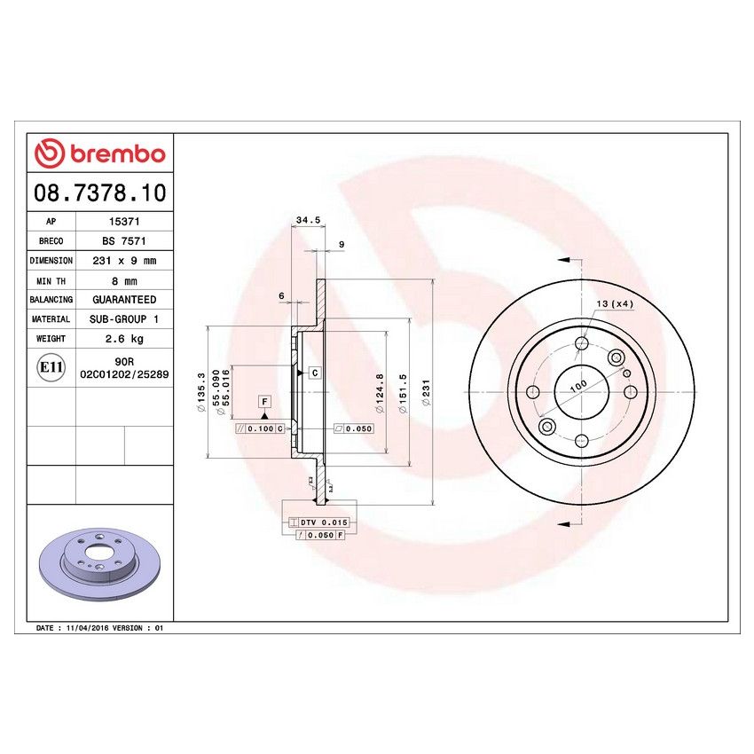 Brembo 08.7378.10 Brembo Solid Standard Rotor