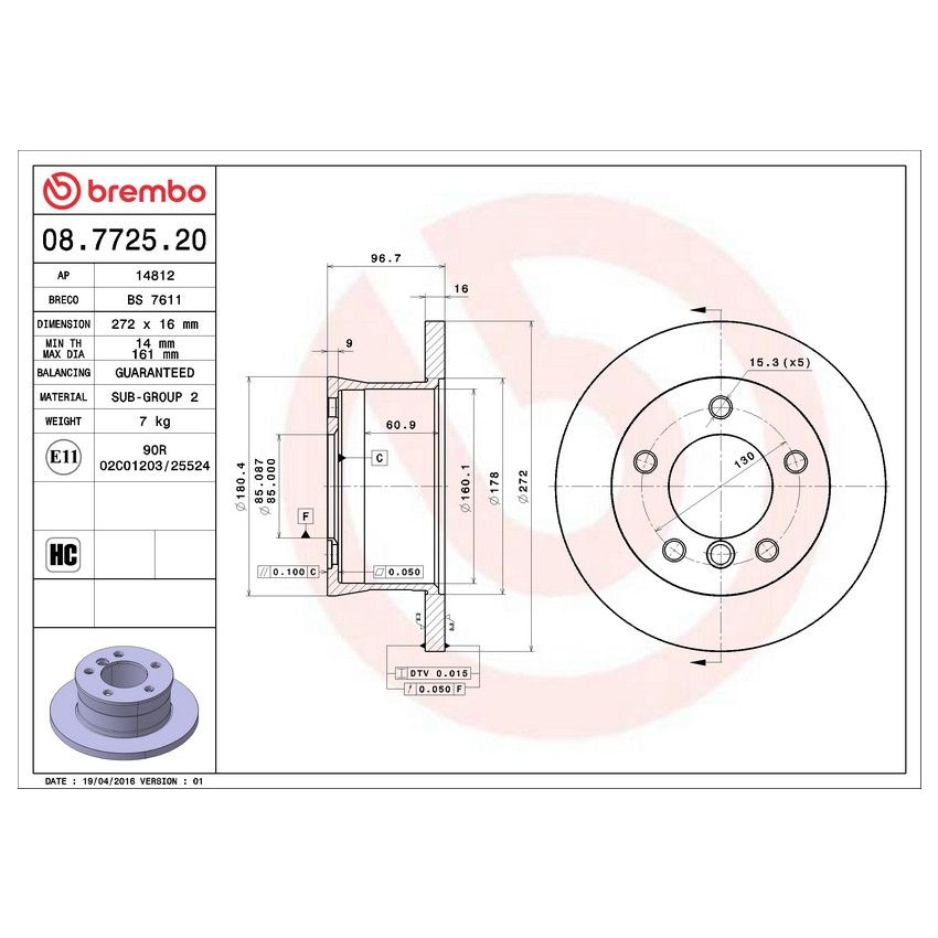 Brembo 08.7725.20 Brembo Solid Standard Rotor