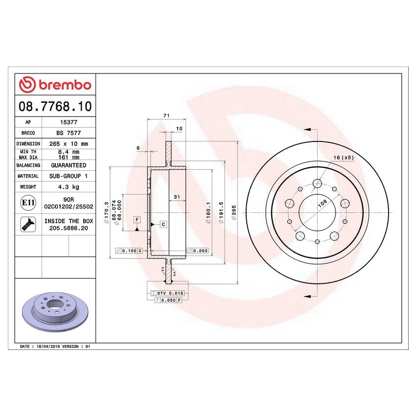 Brembo 08.7768.10 Brembo Solid Standard Rotor