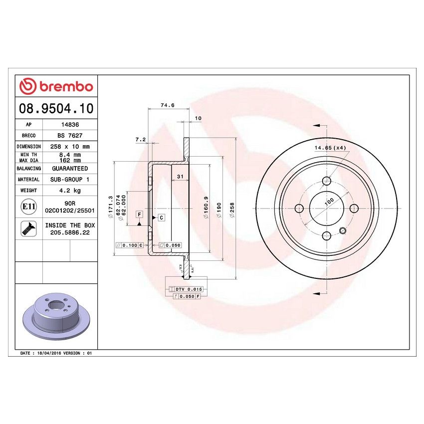 Brembo 08.9504.10 Brembo Solid Standard Rotor