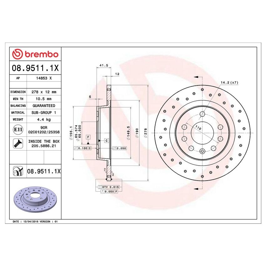 Brembo KTX4078 Brembo low-met brake pad and Xtra solid drilled brake disc kit