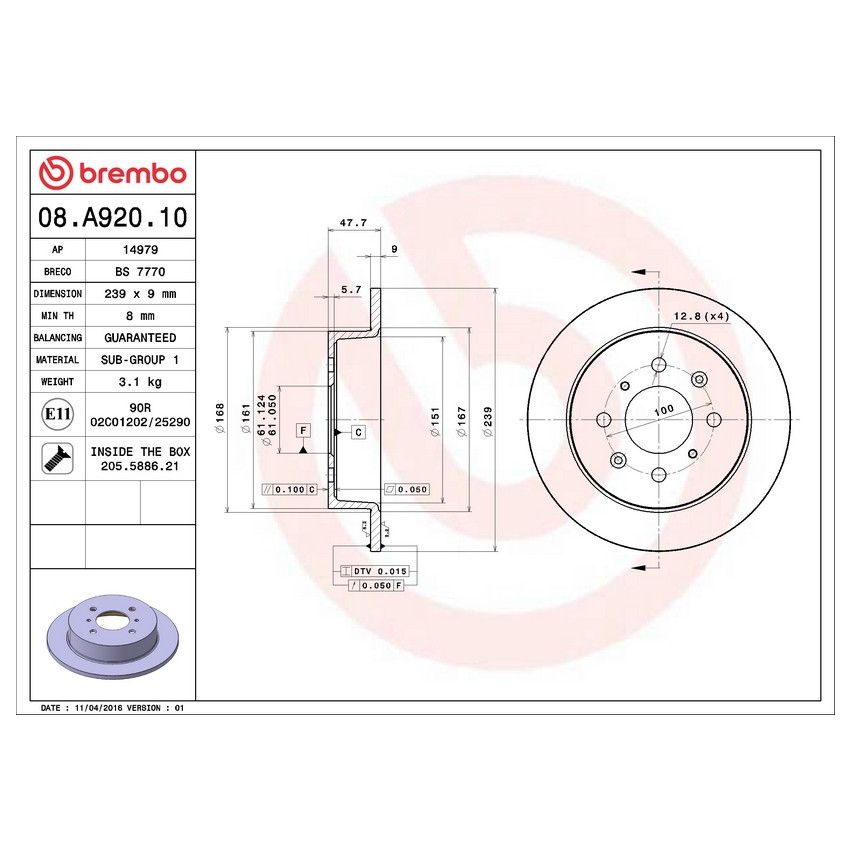 Brembo 08.A920.10 Brembo Solid Standard Rotor