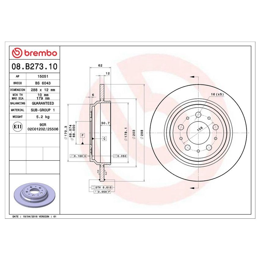 Brembo 08.B273.10 Brembo Solid Standard Rotor