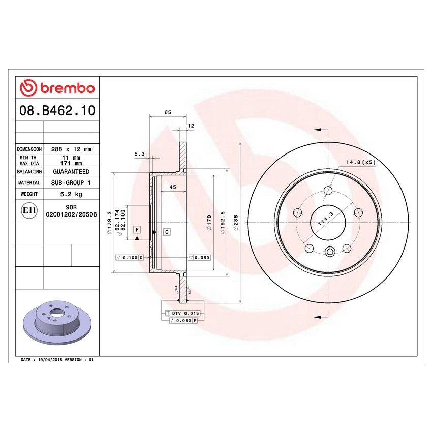 Brembo 08.B462.10 Brembo Solid Standard Rotor