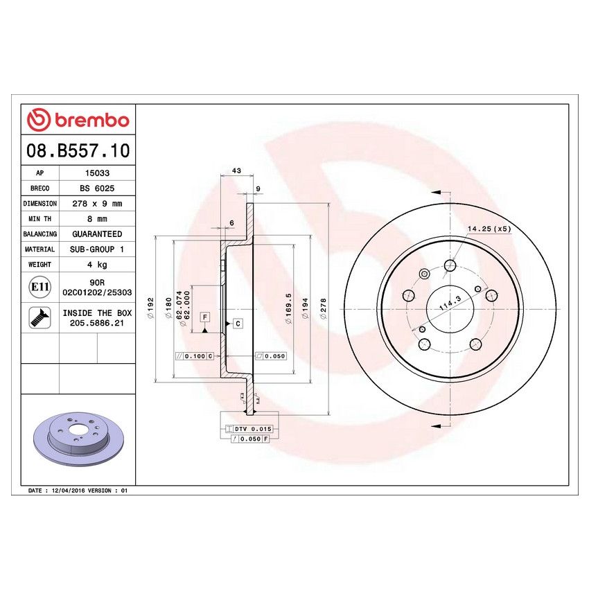 Brembo 08.B557.10 Brembo Solid Standard Rotor