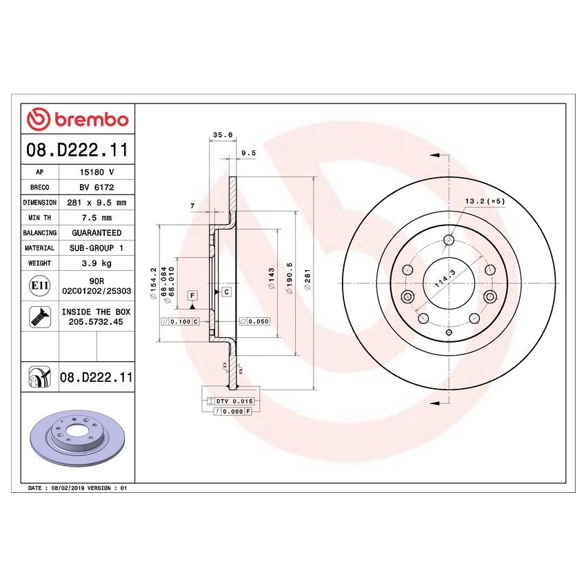 Brembo 08.D222.11 Brembo UV Coated Solid Brake Rotor