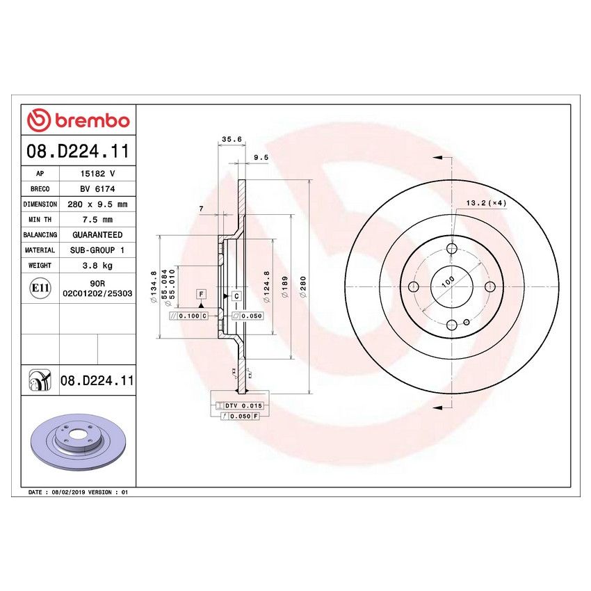 Brembo 08.D224.11 Brembo UV Coated Solid Brake Rotor